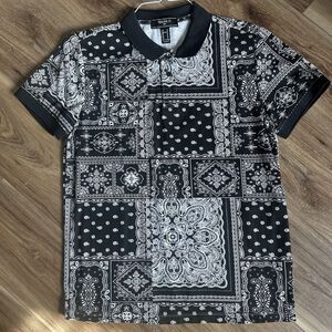Forever 21 Men’s Polo Shirt M Black White Paisley Bandana Print Y2K Streetwear
